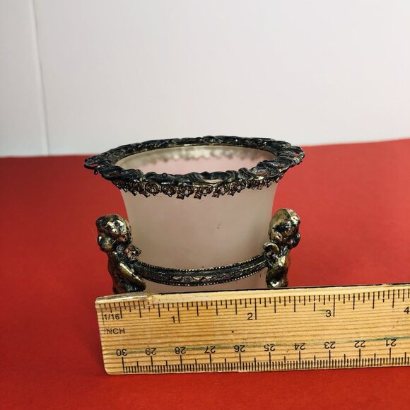 VTG Ormolu Ornate Cherubs Holding Opaline Bowl Small Flower Vase Candle Holder - Picture 6 of 12